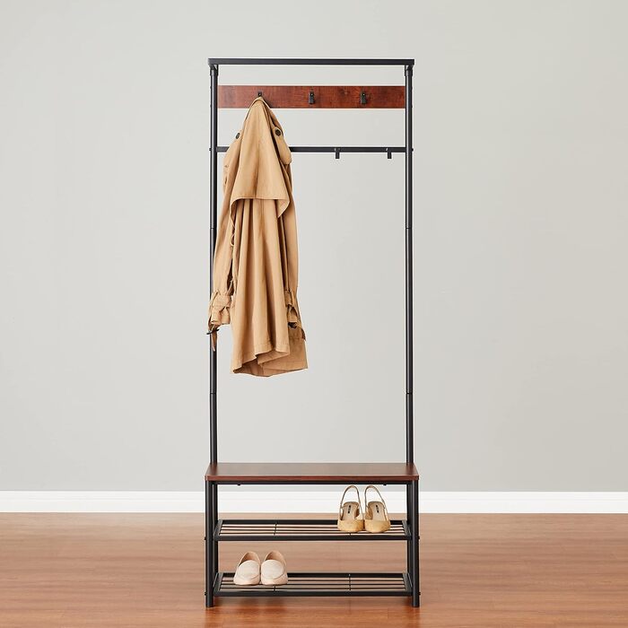 Шафа Storeo Basics на 7 гачків з лавкою для взуття та 3-ярусним місцем для зберігання, чорна, 70,1 x 33 x 180,3 см, сучасна простота, чорна конструкція KD