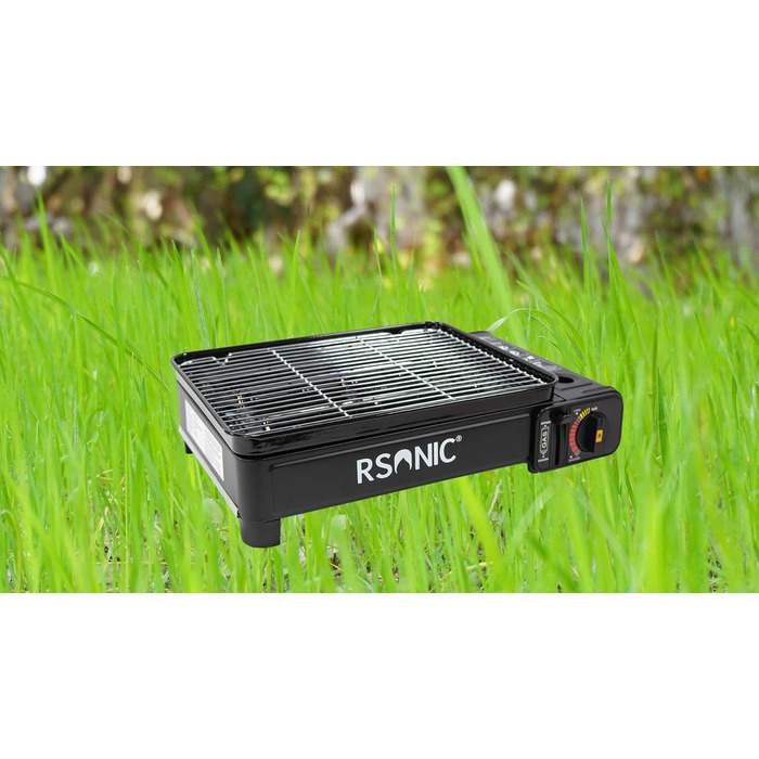 Портативний газовий гриль Rsonic на бутані з решіткою для гриля та пластиною для гриля, включаючи футляр для перенесення, кемпінговий гриль, картриджний гриль, портативний, чорний, безкоштовний освіжувач повітря Clearfee