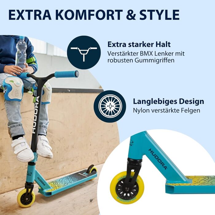 Трюковий самокат HUDORA Stuntscooter для дітей кермо 360, підшипники ABEC 9, міцний корпус, світло-блакитний, універсальний розмір