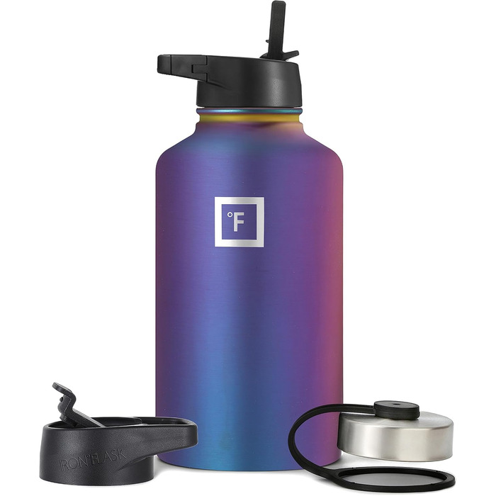 Спортивна пляшка для пиття Iron Flask - 1,8 л, 3 кришки (солом'яна кришка), герметична, з вакуумною ізоляцією з нержавіючої сталі,