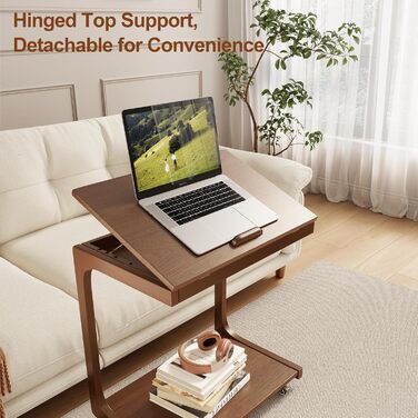 Дерев&39яний журнальний столик, диванний столик на колесах, С-подібна форма, мобільний журнальний столик, 60Ш x 40Г x 63В см, журнальний столик для вітальні для кави та ноутбука (горіхово-коричневий) Горіхово-коричневий 60Ш x 40Г x 63В см