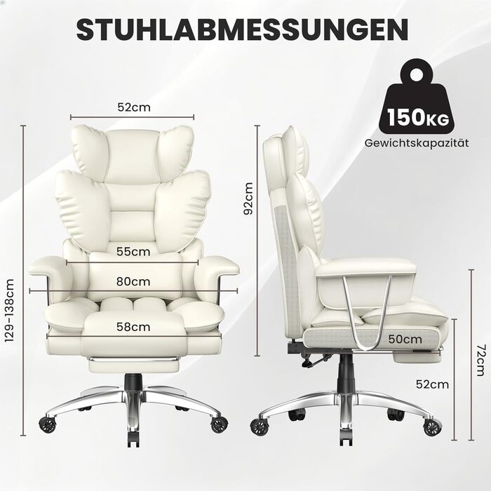Офісне крісло naspaluro з підставкою для ніг, ергономічне робоче крісло з висувним підголівником, велике крісло керівника зі штучної шкіри з високою спинкою, комп&39ютерне крісло для домашнього офісу, біле 77 см * 66 см * 134 см