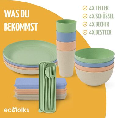 Екологічний набір посуду для кемпінгу 100 перероблений матеріал Багаторазовий, барвистий, для автодому, пікніка, активного відпочинку та дітей