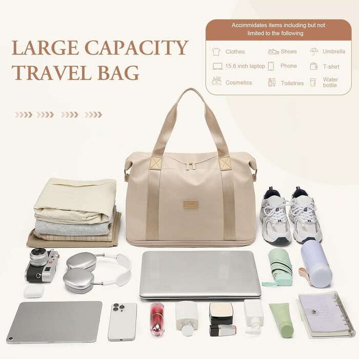 Жіноча дорожня сумка VNINE, ручна поклажа, спортивна сумка, сумка для вихідних, розширювана сумка для плавання, водонепроникна дорожня сумка, лікарняна сумка, сумка для пологів, бежевий колір