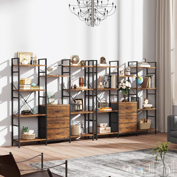 Книжкова полиця 100Ш x 142В см з 4 тканинними шухлядами, окремостояча книжкова полиця, кухонна полиця для вітальні, офісу, балкону, кубічна книжкова полиця, кухонна полиця для зберігання, книжкова шафа, індустріальний дерев&39яний стиль, 4 рівні - 100 см,