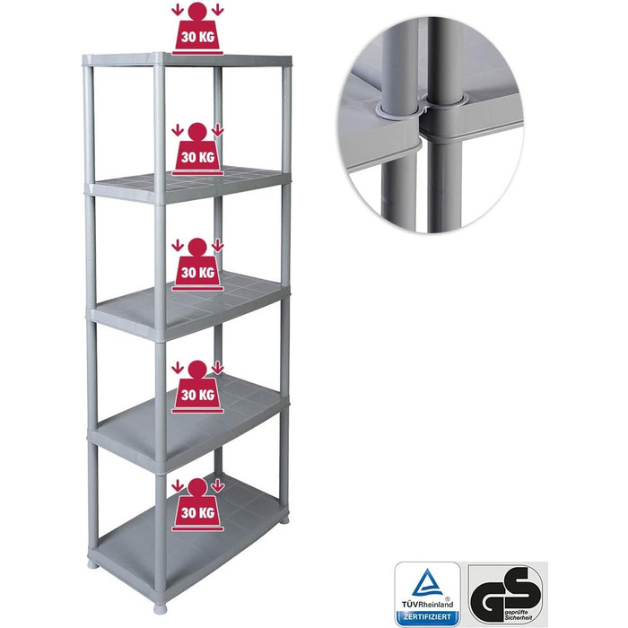 Пластиковий стелаж Kreher, безболтові стелажі, стійка для зберігання сірого кольору. Максимальне навантаження 150 кг. 71 x 38 x 171 В см. Сертифіковано TV Rheinland.