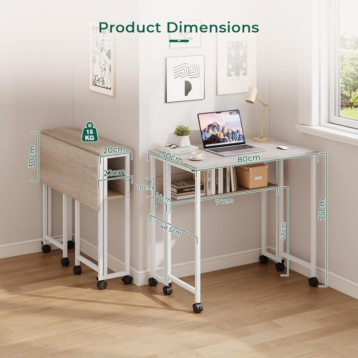 Розкладний стіл Dripex 80x50 см, компактний стіл, складний комп&39ютерний стіл з місцем для зберігання та колесами, невеликий розкладний комп&39ютерний стіл для домашнього офісу/кабінету (дуб)