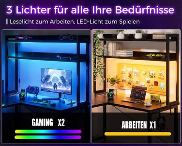 Ігровий стіл ODK зі світлодіодним підсвічуванням, 150120 см, двосторонній L-подібний стіл з 2 розетками та 2 портами зарядки USB, кутовий стіл чорного кольору з підставкою та полицею для зберігання, чорний 150120 см