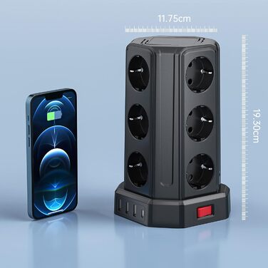 Шляхова розетка на 4000 Вт 16 А з подовжувачем 5 м, 3 розетки USB A і 1 розетка USB C із захистом від перенапруги, розетка для дом