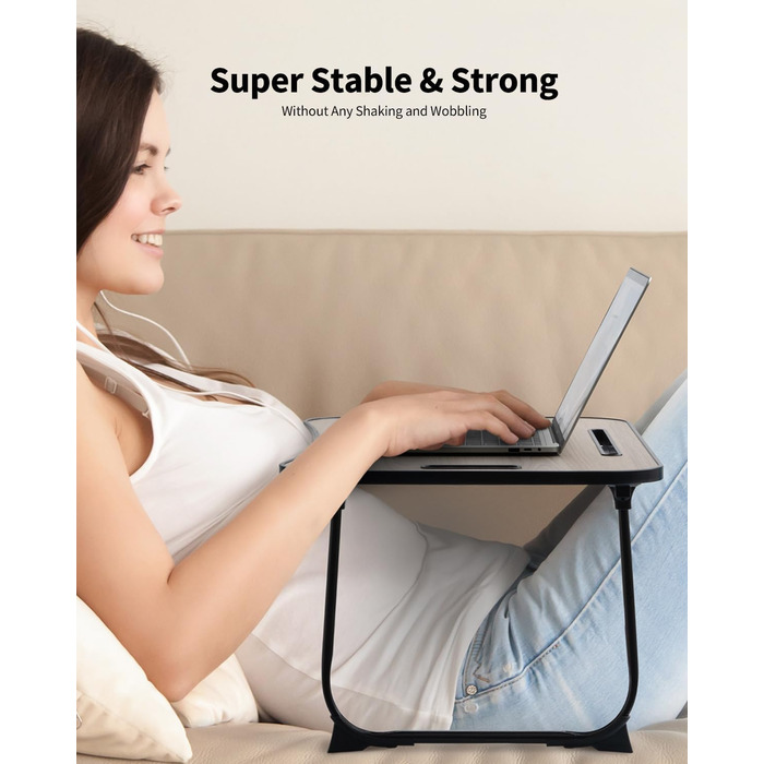 Складаний столик для ноутбука на коліна, портативний столик для ліжка з підставкою для напоїв, слотом для планшета та ручкою для перенесення. Ідеально підходить для роботи, письма, малювання та їжі. Сірий дерев'яний