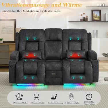 Двомісний крісло-реклайнер з функцією відкидання спинки, електрично регульоване крісло для телевізора з підігрівом та вібромасажем, крісло для домашнього кінотеатру з мультимедійною центральною консоллю, оксамит, сірий. Сірий двомісний крісло з консоллю
