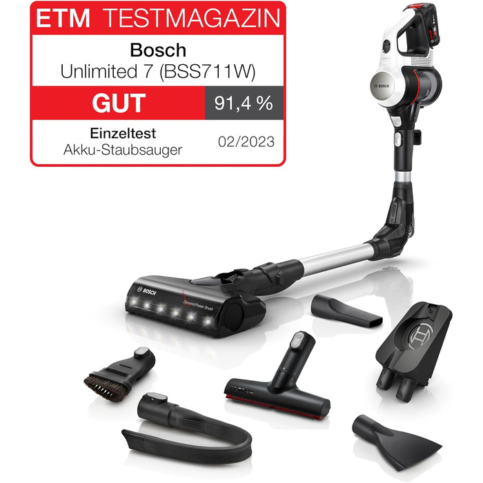Акумуляторний пилосос Bosch Unlimited 7 BSS711W, акумуляторний вертикальний пилосос, без мішка, акумуляторна батарея, гнучка трубк