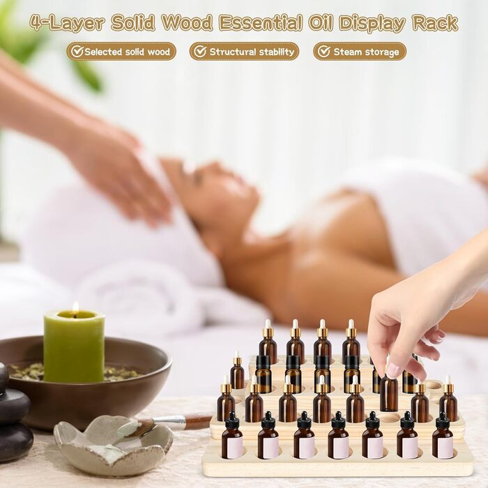 Підставка для ефірних олій Dokeno, дерев&39яна 4-рівнева підставка для зберігання ефірних олій з 31 отвором, органайзер для зберігання лаку для нігтів, ароматичних олій, парфумів, косметики, 31 x 18 x 7,5 см