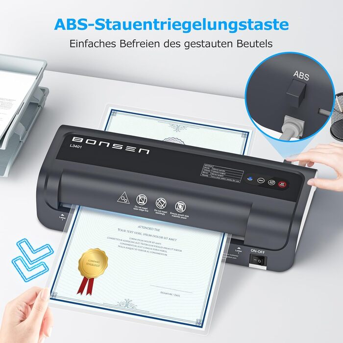 Ламінатор BONSEN A4 з технологією Never Jam, 60 пакетів для ламінування в комплекті (30 x A4, 15 x A5, 15 x A6), точний контроль температури NTC, швидке ламінування для дому, школи, офісу, ламінатор L3401 A4 60 пакетів для ламінування