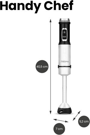 Ручний блендер ZEEGMA Handy Chef 5в1 багатофункціональний 1500 Вт, набір насадок блендер, блендер, віночок, гачок для змішування, кухонний комбайн 0,6 л, контейнер 0,8 л, турборежим, регулювання швидкості