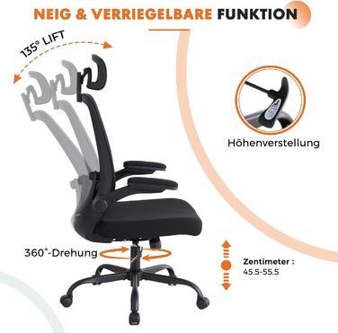 Ергономічне офісне крісло Sweetcrispy з підголівником та регульованими підлокітниками, функція повороту на 360, регульоване по висоті ігрове та робоче крісло для домашнього офісу та офісу, чорне, відкидні підлокітники