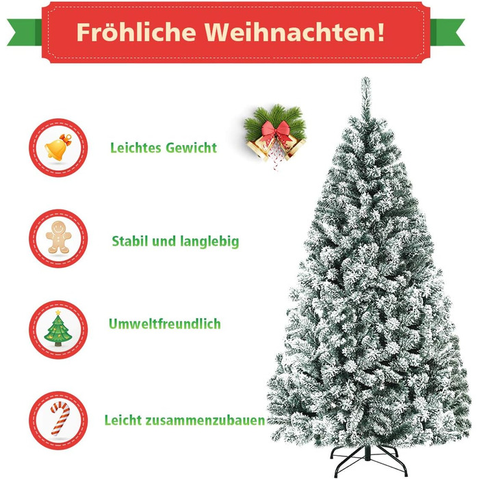 Штучна ялинка COSTWAY 180/225 см зі снігом, ялинка з металевою підставкою, ПВХ голки, складна штучна ялинка, ідеально підходить для дому, офісу, магазинів та готелів (180 см) 180 см