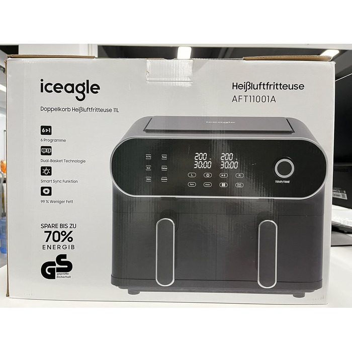 Двокамерна фритюрниця iceagle 11 л - XXL фритюрниця з 2 відділеннями Двозонна фритюрниця, 6 функцій приготування, сенсорний екран, книга рецептів, здорові страви для великої родини Подвійний кошик 11 л