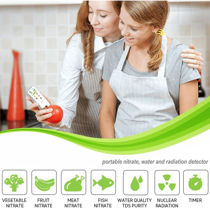 Цифровий тестер харчової нітрату, вимірювач, TDS твердість, аналізатор PPM, дозиметр для овочів, фруктів, м'яса, риби, води, радіації, підтримує кілька мов ECO4F Білий/розкішний сад, 6