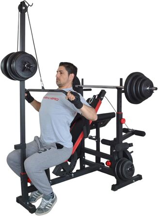 Багатофункціональна силова лава Train Hard з силовою станцією для тяги ширшого хвата, дисками вагою від 90 до 150 кг, штангою та комплектом штанг, що складається зі штанги, гантелей та грифа для згинань рук штанги 100 кг, гантелей та грифа для згинань рук