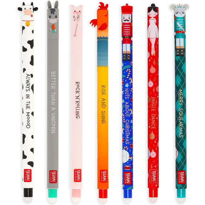 Набір LEGAMI з 22 гелевих ручок, що стираються, з термочутливим чорнилом, різні кольори чорнил та дизайни корпусу, наконечник 0,7 мм, малюнки тварин