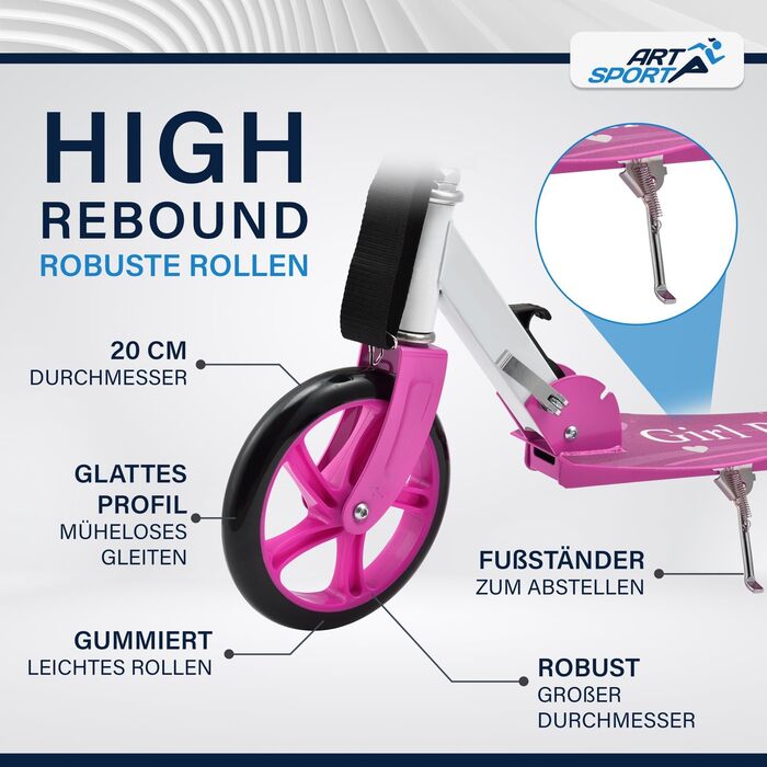 Самокат з великими колесами та ременем для перенесення - для дітей від 3 років - 4 дизайни 88 x 27 x 106 см рожевий