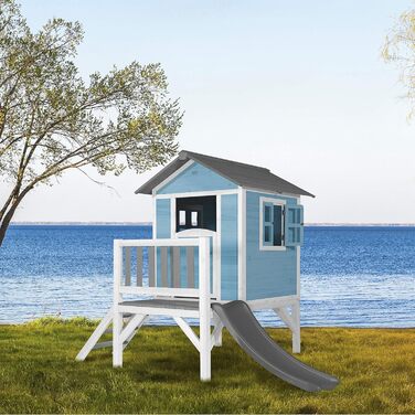 Ігровий будиночок AXI Beach Lodge XL синього кольору з гіркою сірого кольору Будиночок на палях з деревини FSC для дітей Маленька ігрова вежа для саду.