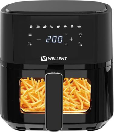 Аерофритюрниця Wellent 4.3 л з оглядовим вікном, фритюрниця для фритюрниці з сенсорним екраном, 8 функцій приготування, можна мити в посудомийній машині, енергозбереження, без олії та приготування з низьким вмістом жиру 4.3 л