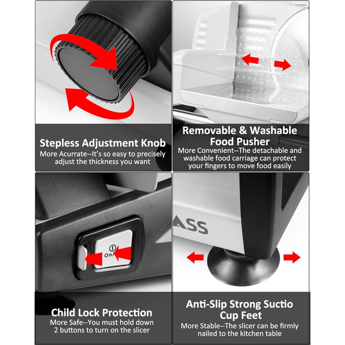 Електричний нарізувач їжі потужністю 200 Вт з нержавіючої сталі - регульований кухонний комбайн від 0 до 15 мм - 2 леза - Слайсер для ковбаси - Нарізка для хліба, Шинка, електричний ніж М'ясо та сир 2 леза срібло 200 Вт Потужність