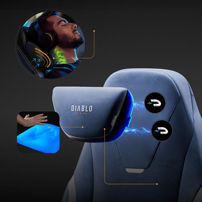 Ергономічне ігрове крісло Diablo з тканини, крісло X.Eye Prime для ПК з магнітним підголівником, ігрове крісло з функцією охолодження, ігрове крісло, ергономічне, міцне, з тканини, 140 кг, Meta Ocean