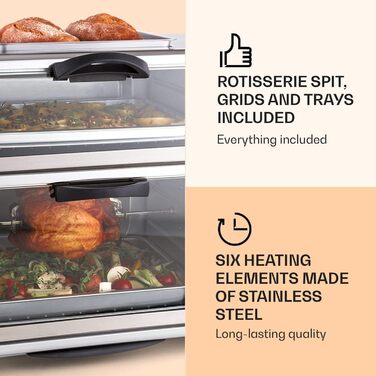 Подвійна духова шафа oneConcept All-You-Can-Eat - електрична духовка, дві окремі камери для випічки, загальний об'єм 42 літри, пластина для гриля, 2400 Вт, регульована температура 60-240C, нержавіюча сталь, срібло