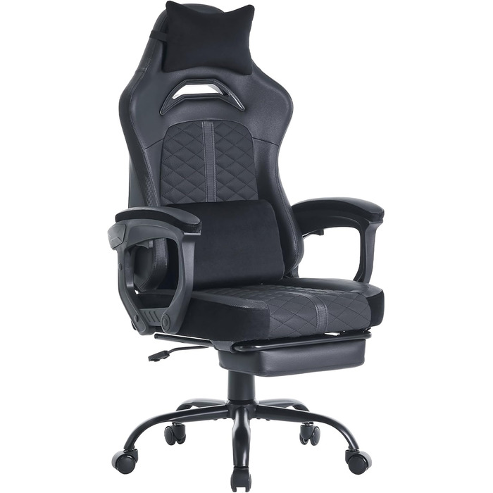 Ігрове крісло з ергономічною підставкою для ніг та коліщатками, комп&39ютерне крісло з підголівником та поперековою опорою, офісне крісло, комп&39ютерне крісло, регульоване та поворотне робоче крісло, чорне