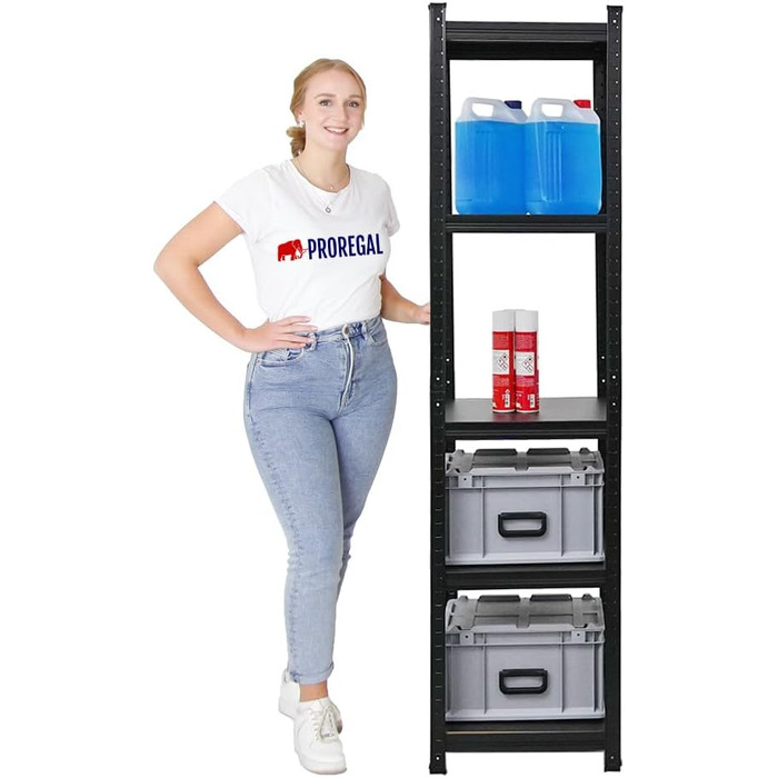 Посилений стелаж серії All Black Ragnar, загальне навантаження 500 кг. Розміри 180x45x45 см. Матово-чорний, стелаж для підвалу, стелаж без ригелів, гаражний стелаж.