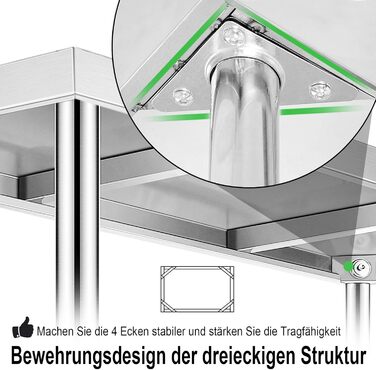 Робочий стіл з нержавіючої сталі UISEBRT з підніжкою, Кухонний стіл з нержавіючої сталі з регульованими ніжками, Кухонний стіл/розбірний стіл з дуже великою нижньою полицею, 150 x 50 x 85 см, з підніжкою