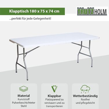 Садовий стіл TRUTZHOLM, стіл для розпродажу, обідній стіл, стіл для пивного намету, розкладний стіл, білий, 180 x 75 x 74 см, складаний, кемпінговий стіл, стіл для вечірок на 8 осіб з ручкою для перенесення