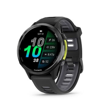 Розумний годинник Garmin Forerunner 970 Premium GPS для бігу та триатлону, AMOLED-дисплей, вбудований світлодіодний ліхтарик, карбоново-сірий DLC титановий колір з чорним корпусом та чорним напівпрозорим ремінцем з білого каменю