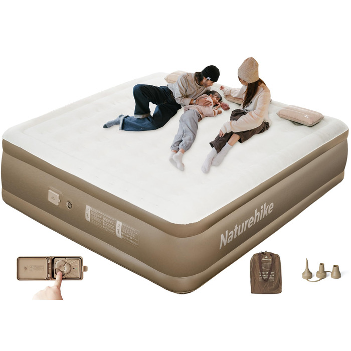 Надувний матрац Naturehike для 3 осіб, що самонадувається, з насосом на батарейках - надувне ліжко для гостей 200x180x45 см для кемпінгу та дому, легкий, зручний та швидко надувається, коричневий/3 особи/45 см