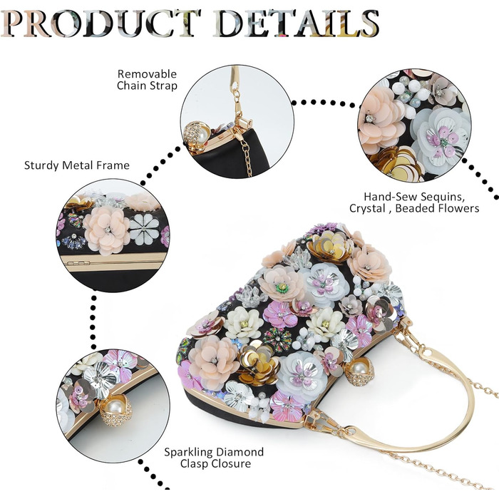 Елегантна жіноча сумочка Квітуча краса з 3D квітковою вишивкою клатч на ланцюжку для вечірок, весіль та урочистих подій (чорний)