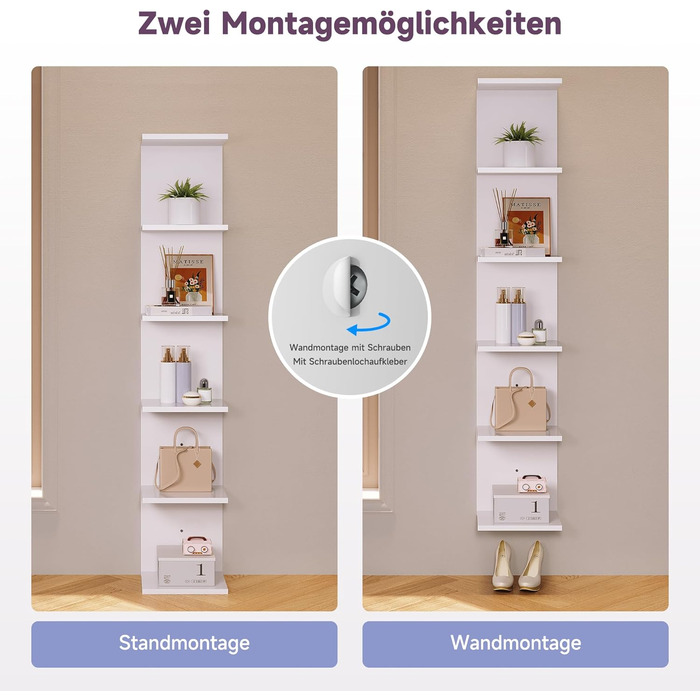 Книжкові полиці SONNI, настінна полиця, 6 полиць, які можна використовувати як настінну або окремостоячу полицю, полиця для книг, журналів, декору, окремостояча полиця в індустріальному стилі для вітальні, кухні, домашнього офісу, біла, 30x24,8x160 см. Бі