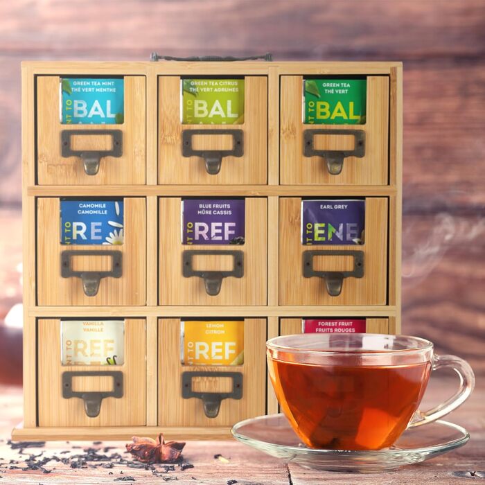 Органайзер для чаю Relaxdays, 9 відділень, бамбук, ВxШxГ 29 x 30 x 11,5 см, для стояння або підвішування, для зберігання чаю, натуральний