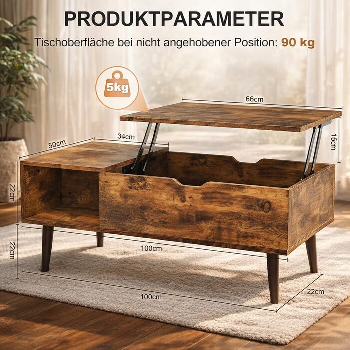 Журнальний столик DUMOS з регульованою висотою, якісний стіл для вітальні, журнальний столик, журнальні столики для вітальні, невеликі, сучасні дерев&39яні центральні столики з відділенням для зберігання та прихованим відділенням (колір дерева) коричневий