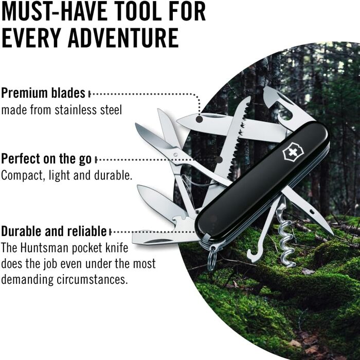 Швейцарський армійський ніж Victorinox Huntsman, мультитул, швейцарський армійський ніж з 15 функціями, лезо, штопор, консервний ніж, складана коробка, чорний
