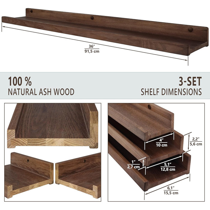 Настінна полиця ручної роботи 90 см, дерев&39яна настінна полиця, комплект з 3 предметів, підвісна полиця, настінна полиця, сучасна плаваюча полиця, вузька рейка для картин для ванної кімнати, вітальні, кухні, спальні (горіх) 91,5 x 15,5/12,8/10 см (компл