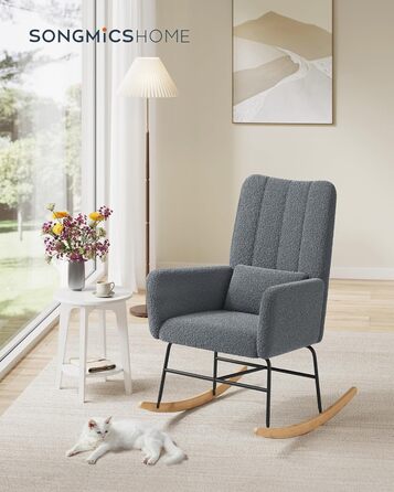 Крісло-гойдалка SONGMICS HOME з підлокітниками, крісло-реклайнер, оббите флісом, сталевий каркас, ніжки з каучукового дерева, вантажопідйомність до 136 кг, для спальні, вітальні, колір Сірий сланцевий LYY500G01 без підставки для ніг, колір Сірий сланцевий