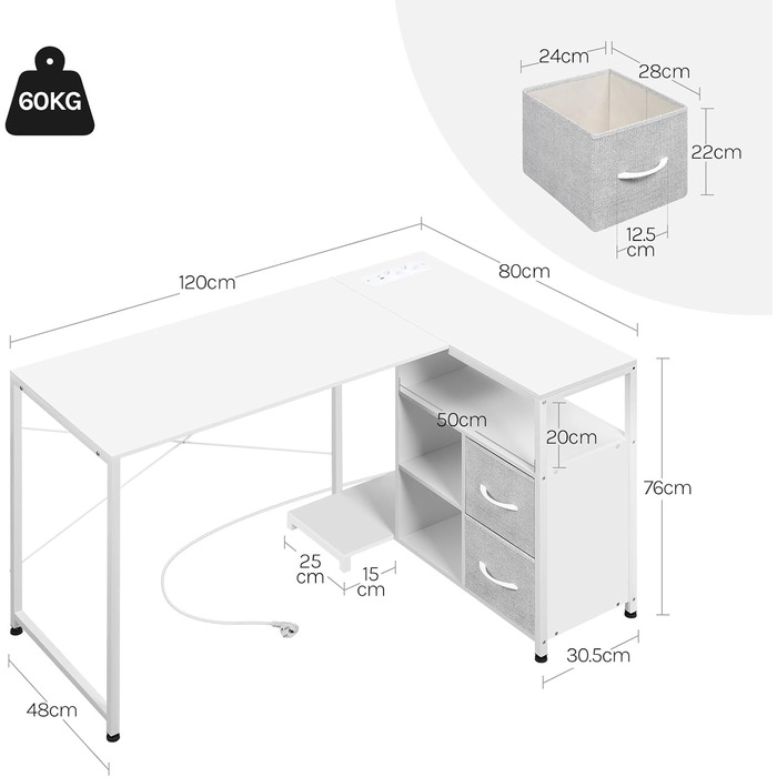Комп&39ютерний стіл WOLTU кутовий білий з розетками USB-AC - 120x80x75 см змінна полиця та підключення живлення, металевий каркас