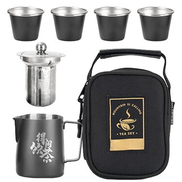 Портативний чайний сервіз для подорожей набір з чайника та чашок з нержавіючої сталі для чайної церемонії, чаю кунг-фу, з сумкою для подорожей, дому, активного відпочинку, походів та кемпінгу