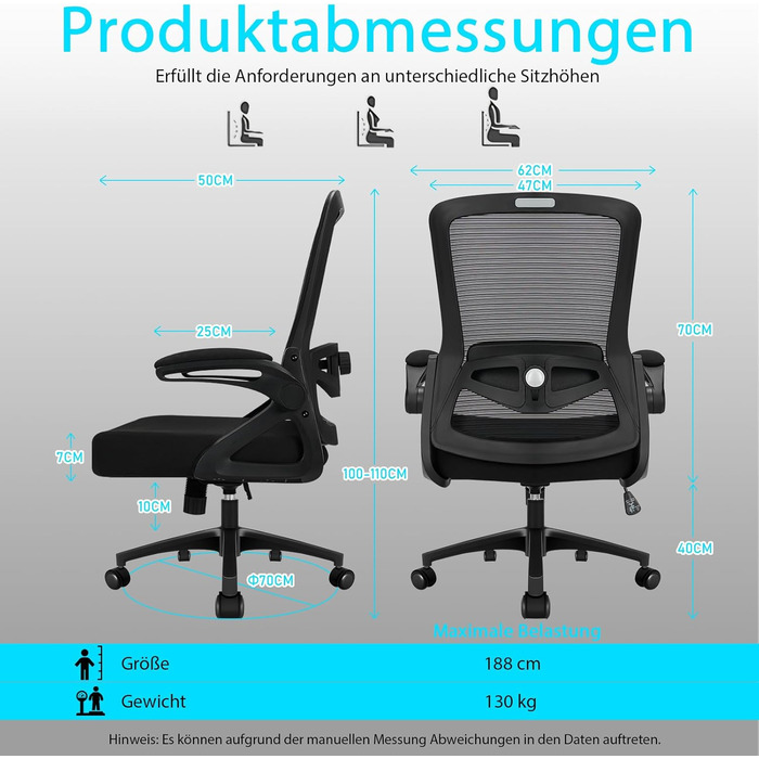 Ергономічне офісне крісло, робоче крісло з регульованою 4D поперековою опорою, обертове крісло зі складними підлокітниками, комп&39ютерне крісло з функцією нахилу 90-125, сітчасте крісло до 130 кг, чорне