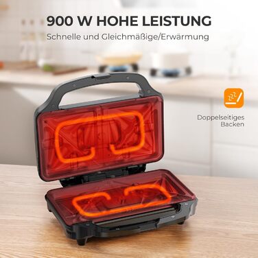 Бутербродниця OSTBA APPLIANCE, тостер для сендвічів на 2 сендвічі, тостер для сендвічів з автоматичним контролем температури та антипригарними пластинами, 900 Вт, чорний/нержавіюча сталь