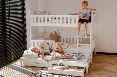 Дитяче колективне ліжко-горище 90x200 з висувним ліжком Двоярусне ліжко з висувною функцією, дві шухляди, решітчастий каркас, захи