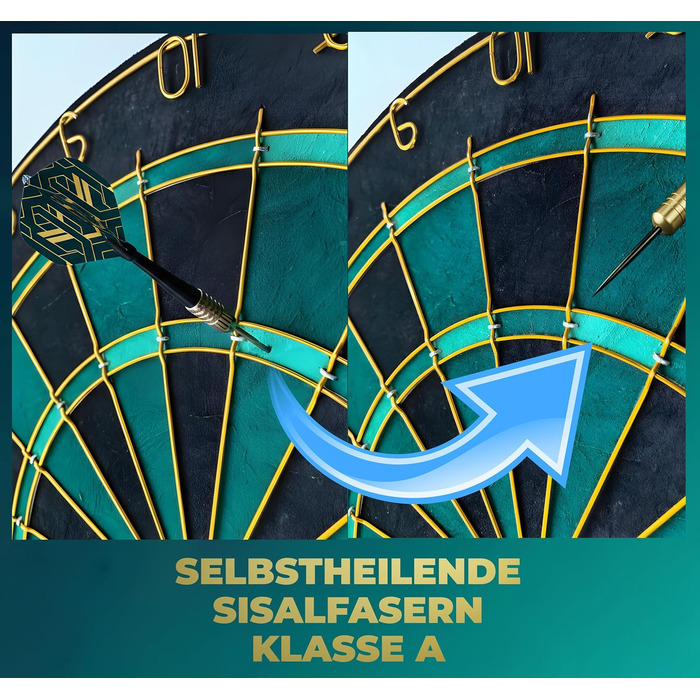 Професійна сизалева мішень для дротиків, бірюзового кольору із золотим кільцем з номером та стрілками - Професійна сталева мішень для дротиків - Мішень для дротиків з 6 металевими наконечниками, золотими стволами для дротиків та держаками